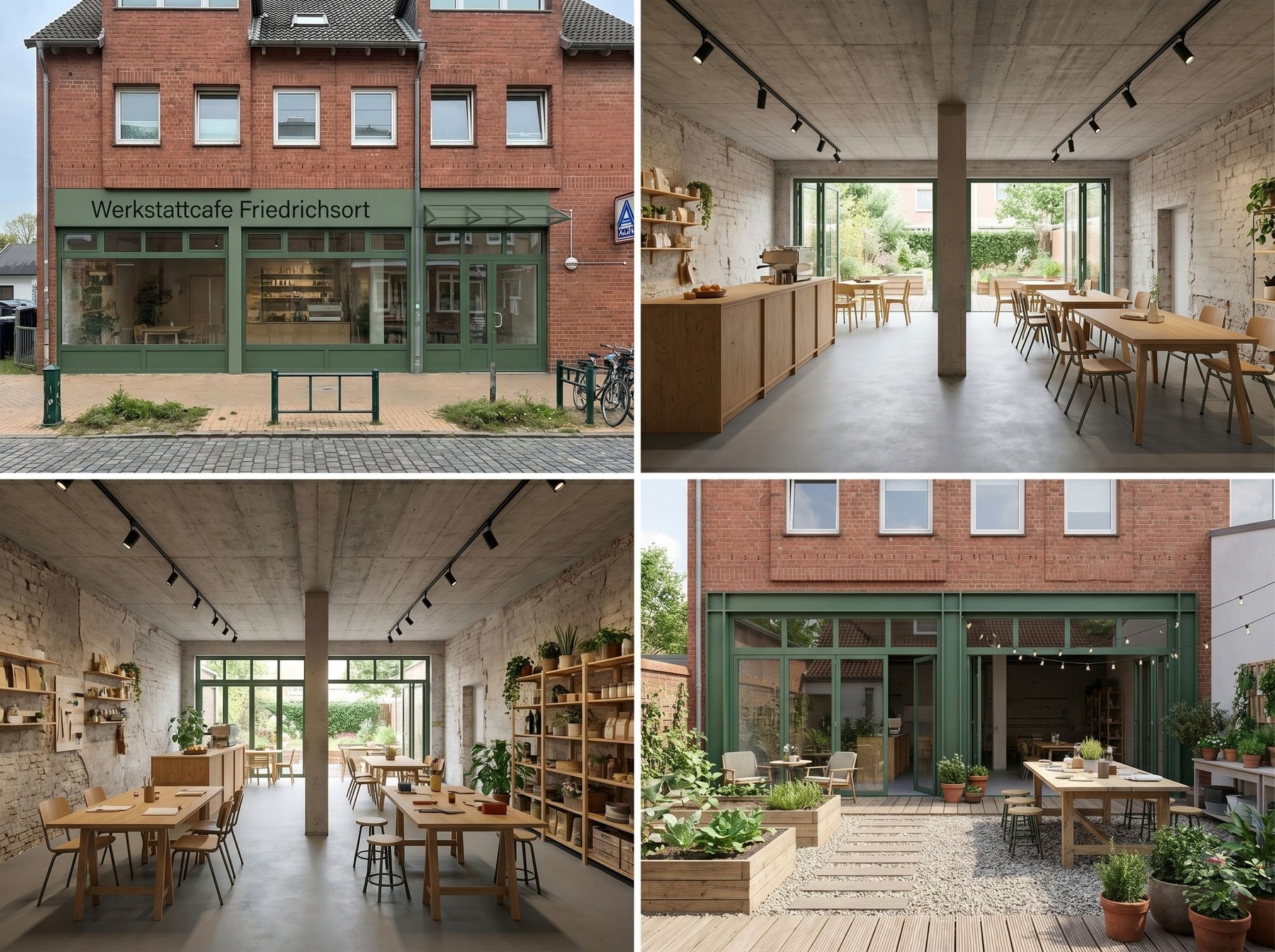 Konzepttafel mit Schaufensterfront, Caféraum, Werkstattbereich und Gartenansicht für das geplante Kultur-Werkstatt-Café